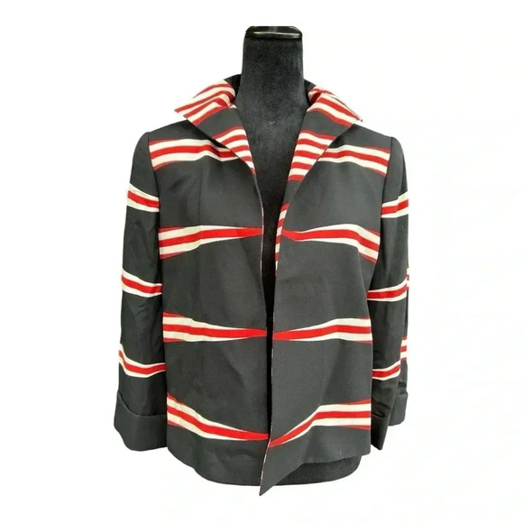 Linda Allard Ellen Tracy Black,Red & Ivory Stripes Open Front Short Jacket sz 10 - Picture 1 of 3